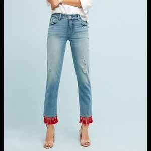 Anthropologie Slim Boyfriend Red Tassels Hem Jeans